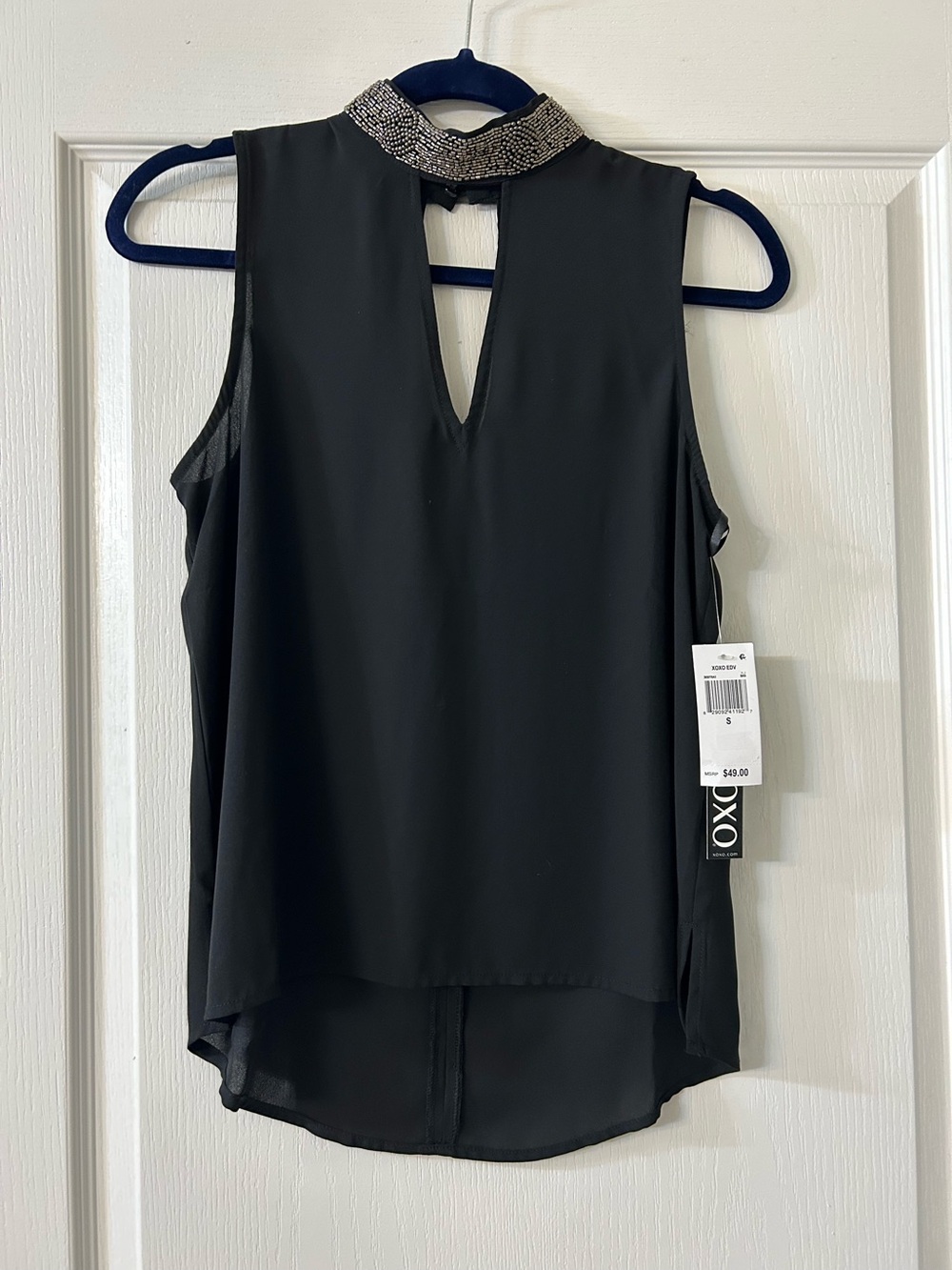 XOXO Black Sleeveless Blouse with Embellished Collar